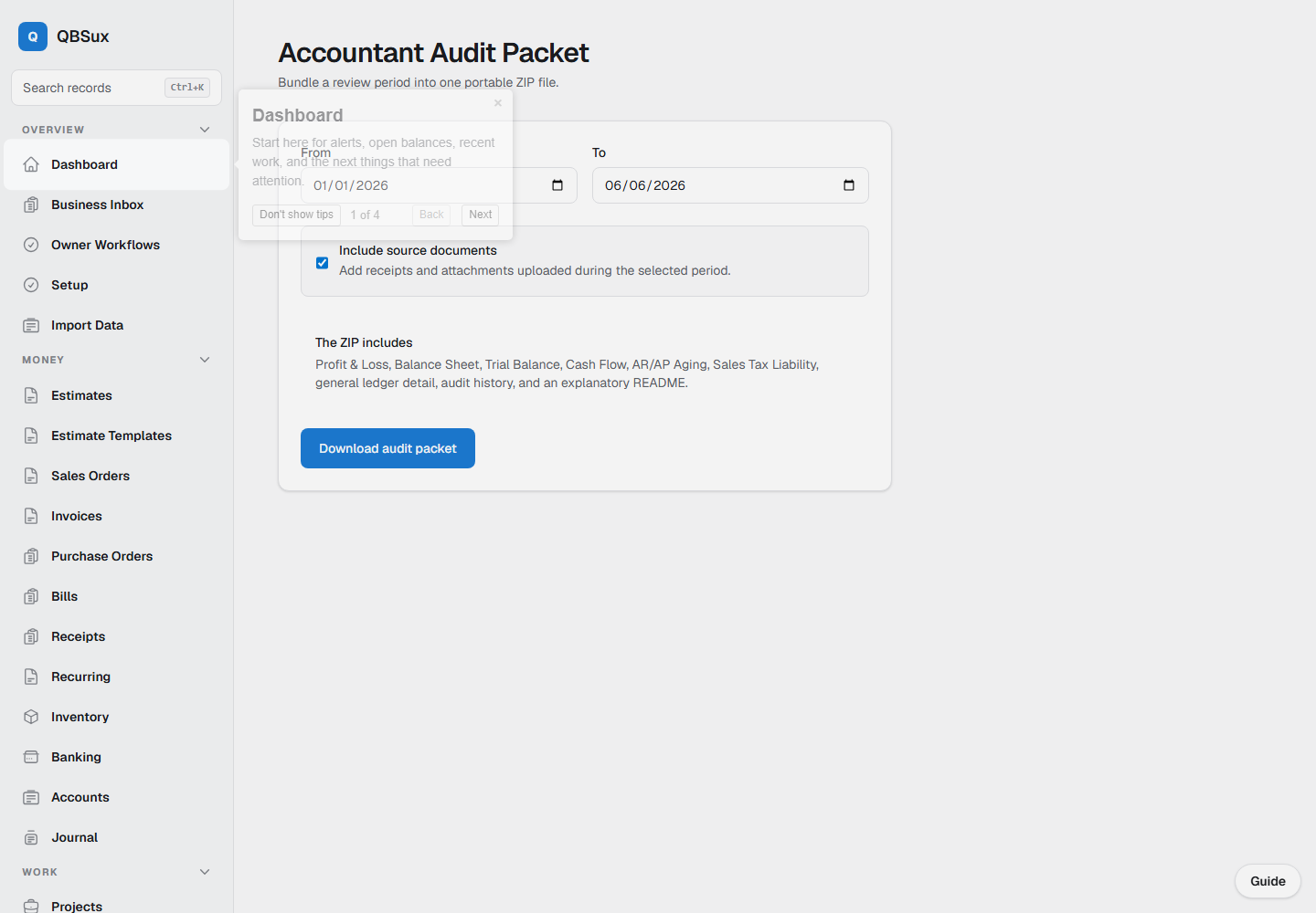 Accountant audit packet export with date range and source-document option