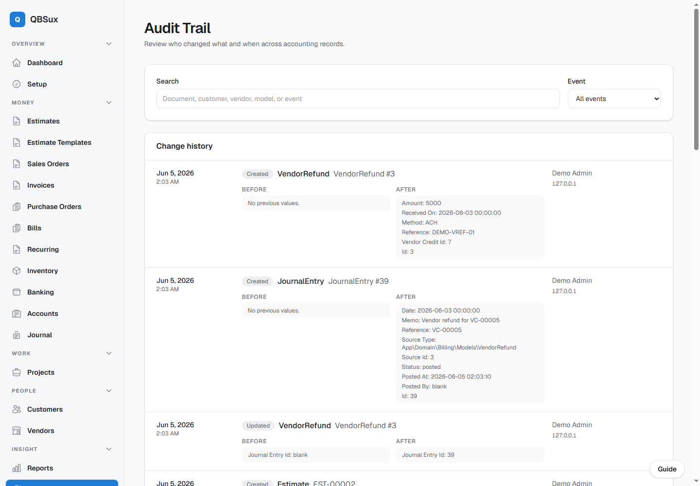 Audit trail showing before and after values