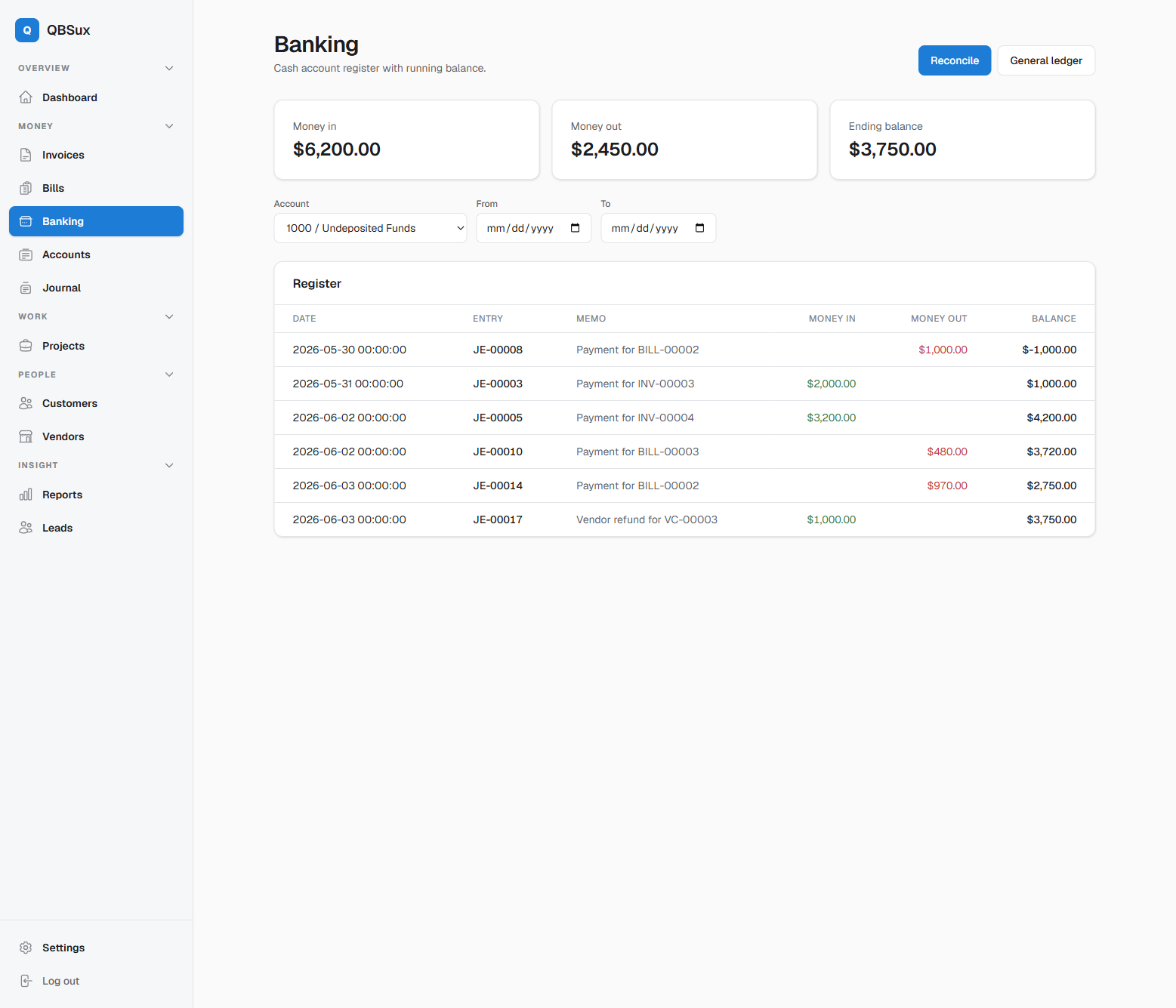 Banking register screen