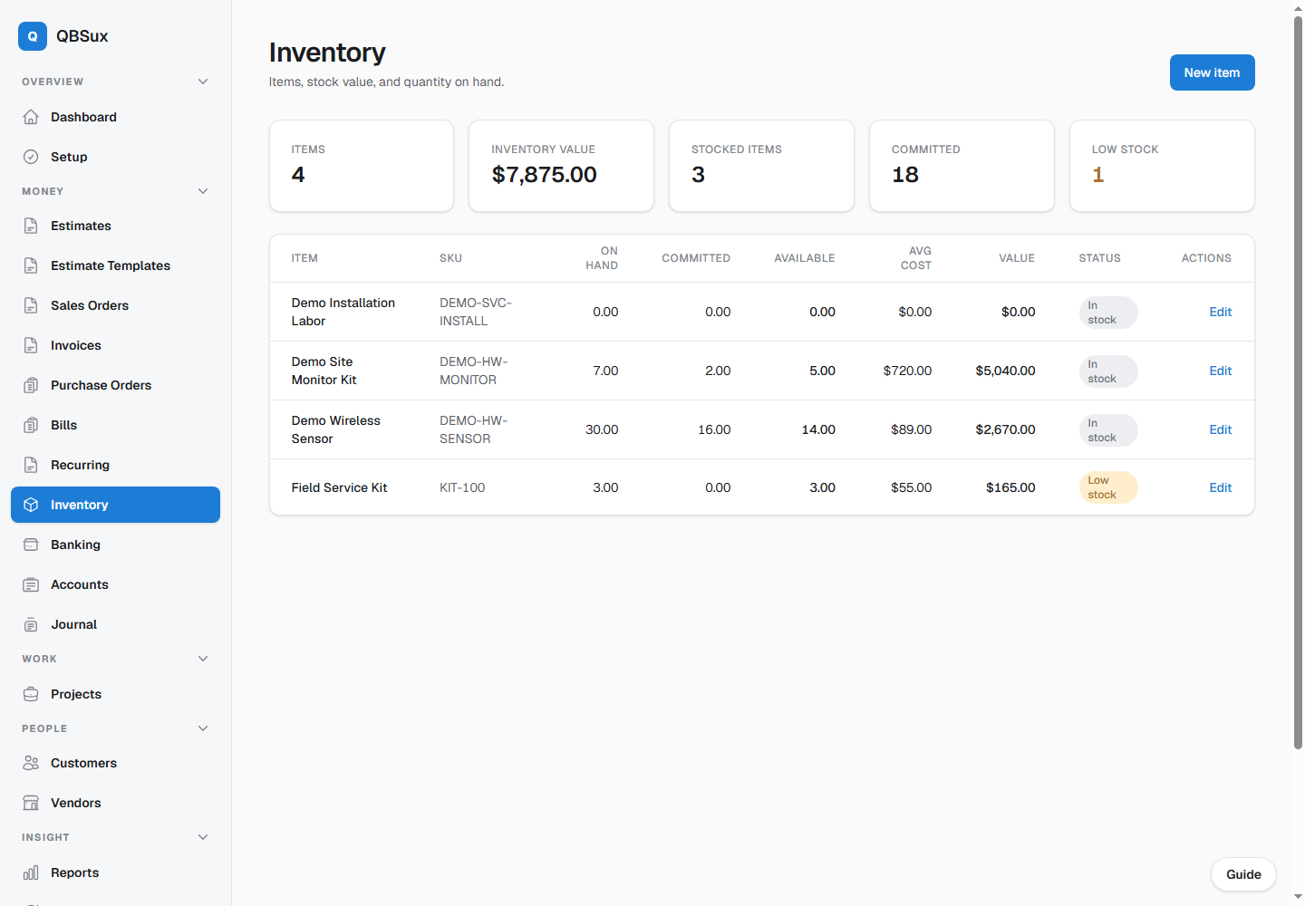 Inventory list with low stock status