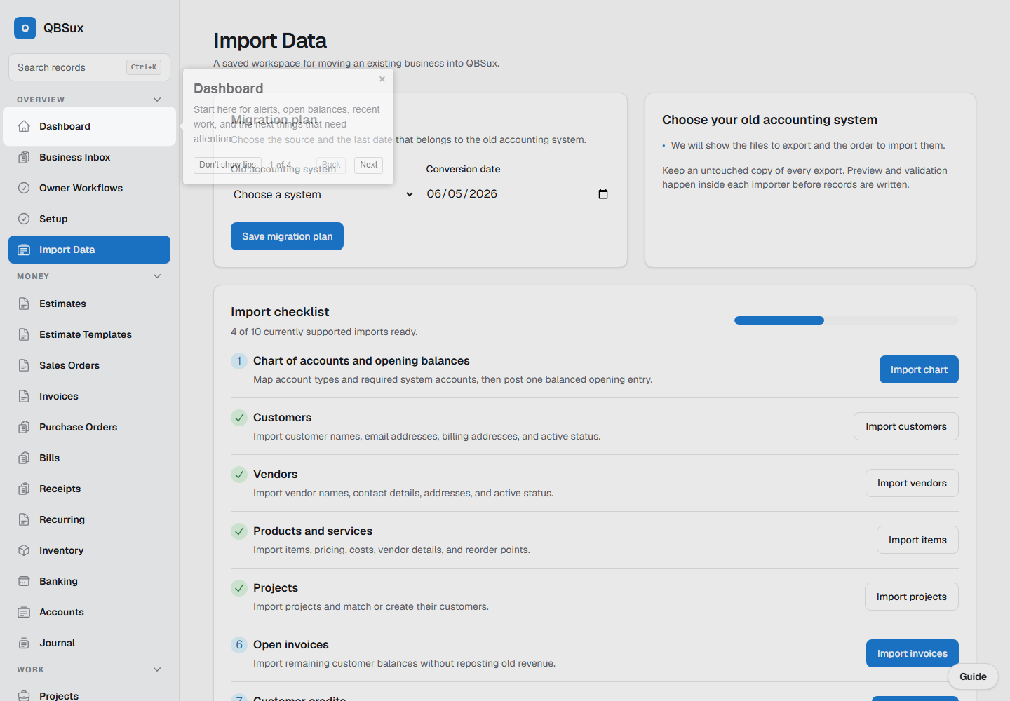 QBS guided accounting data import workspace