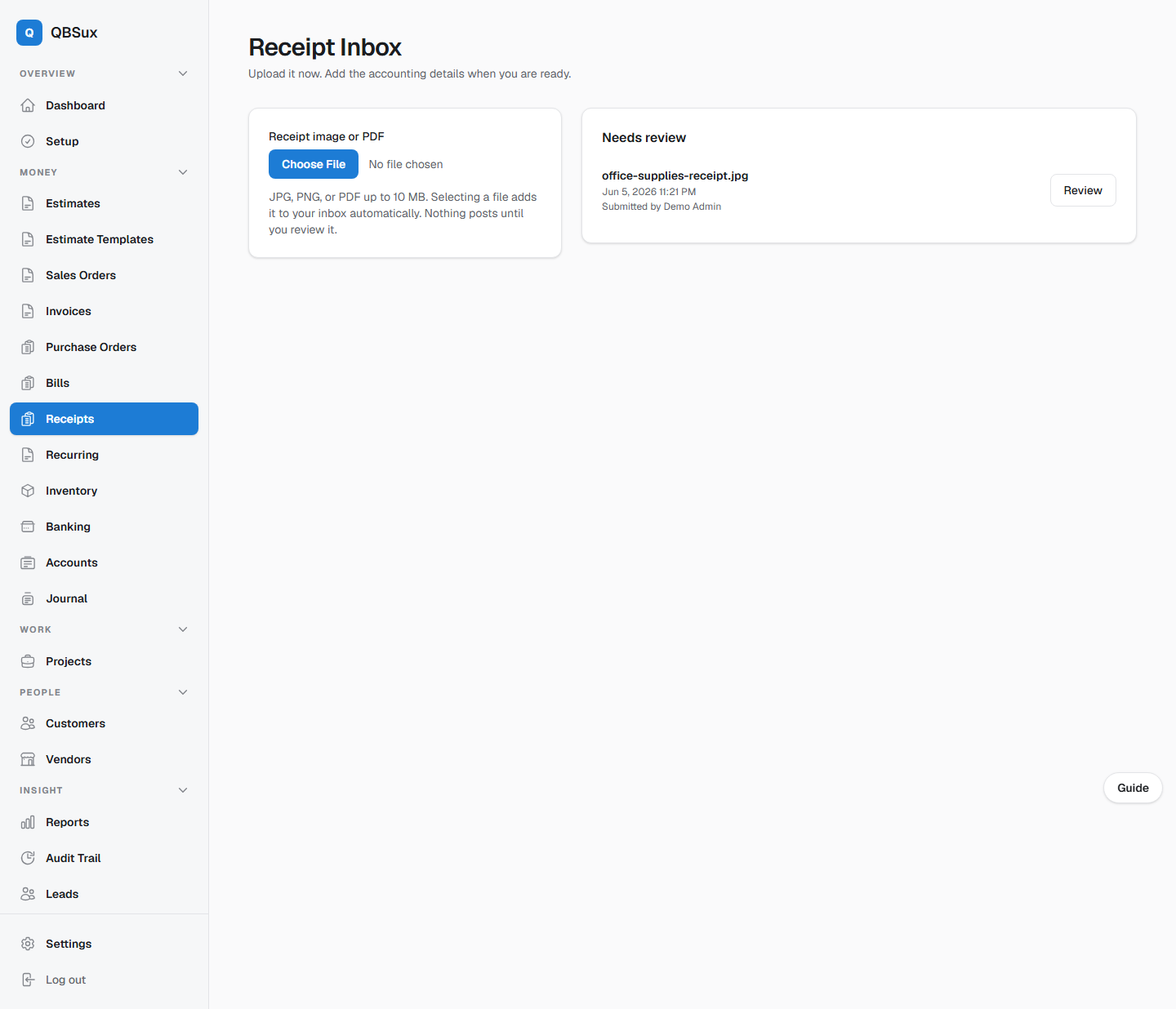 QBS receipt inbox with an uploaded receipt waiting for review