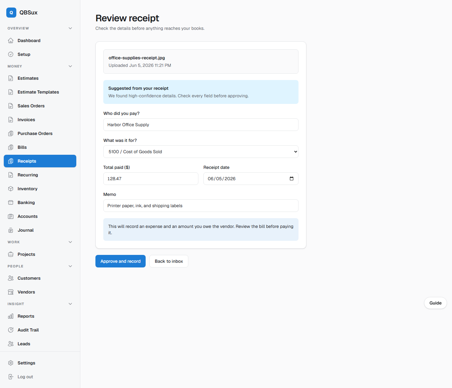 QBS receipt review form with locally extracted suggestions