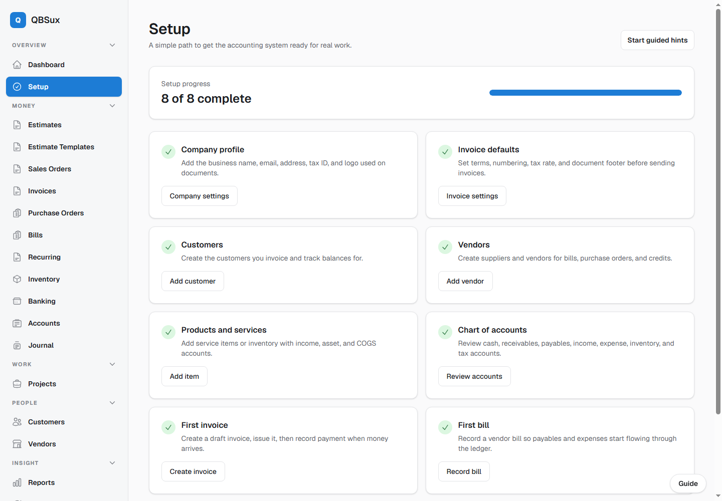 Setup checklist with guided hints
