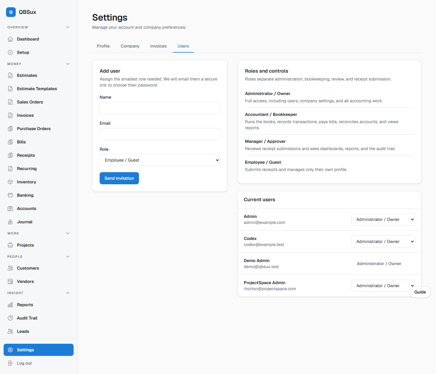 QBS user invitations, roles, permissions, and current user controls